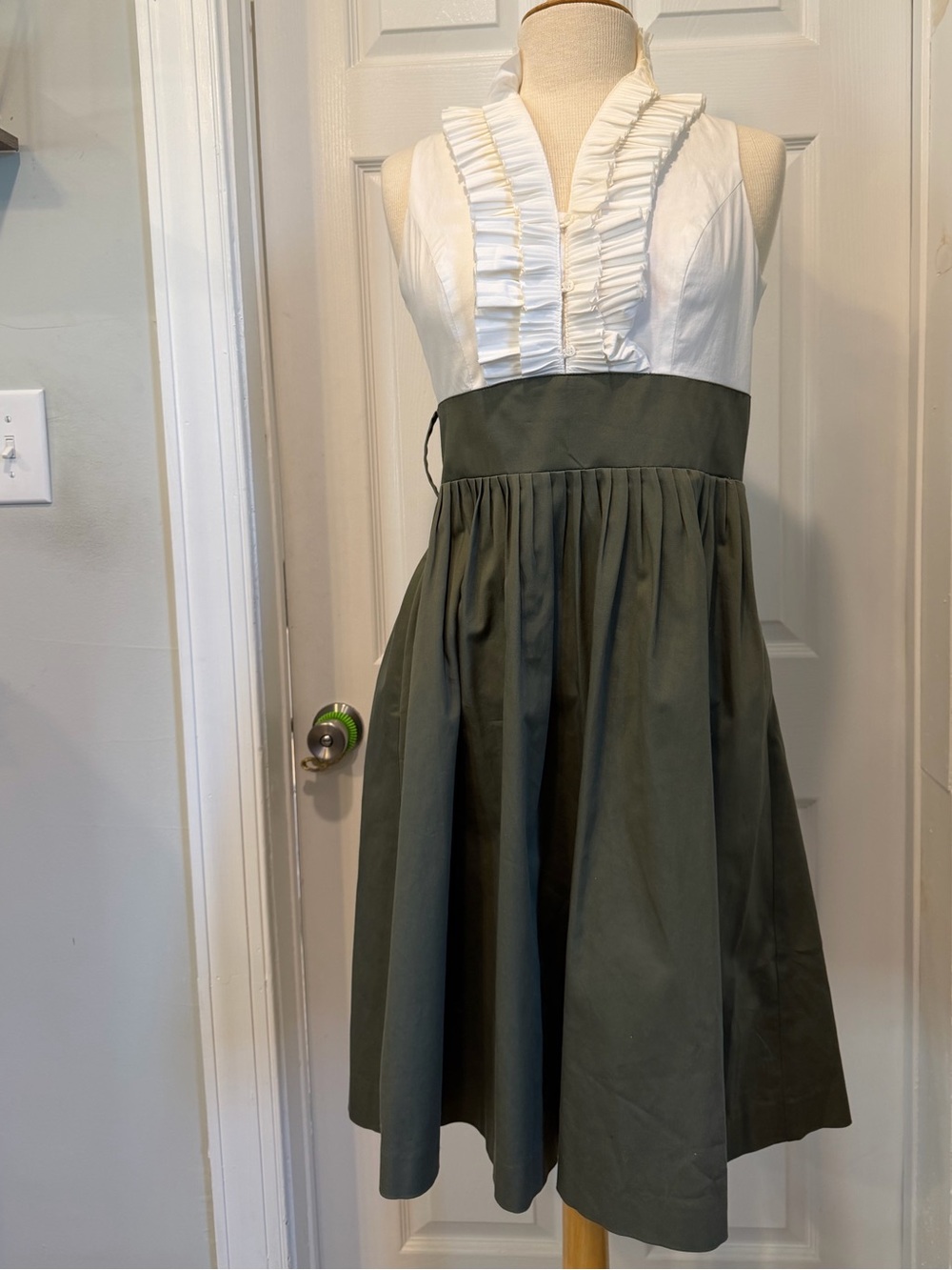Eliza J White and Olive Green Ruffled Halter Dress